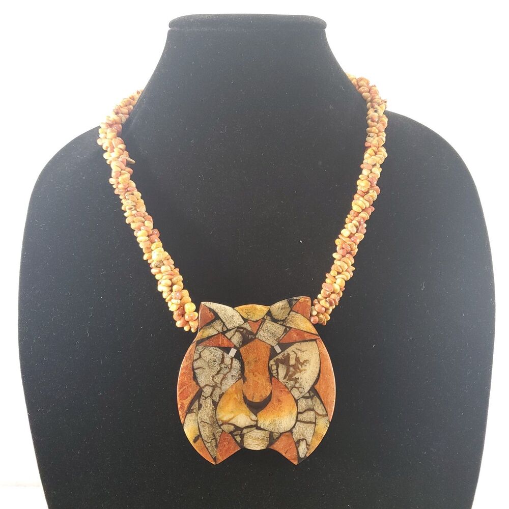 Vintage Lee Sands Inlaid Lion Pendant Statement Necklace Coral Orange 9" 22"